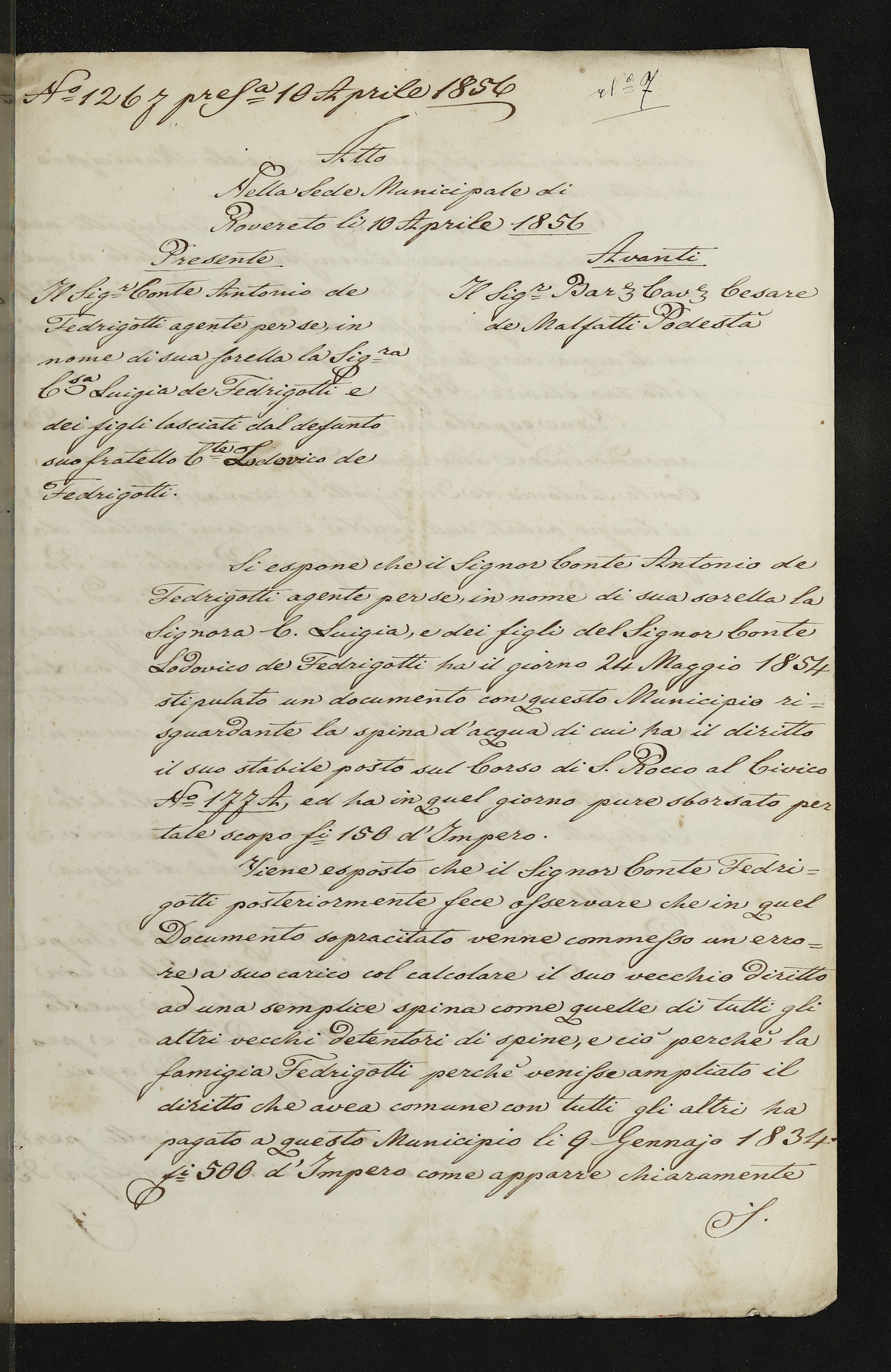 Convenzione tra il comune di Rovereto e Antonio Bossi Fedrigotti per l'introduzione di due spine d'acqua nel palazzo di corso San Rocco (ora corso Bettini) al n. 177 di Rovereto